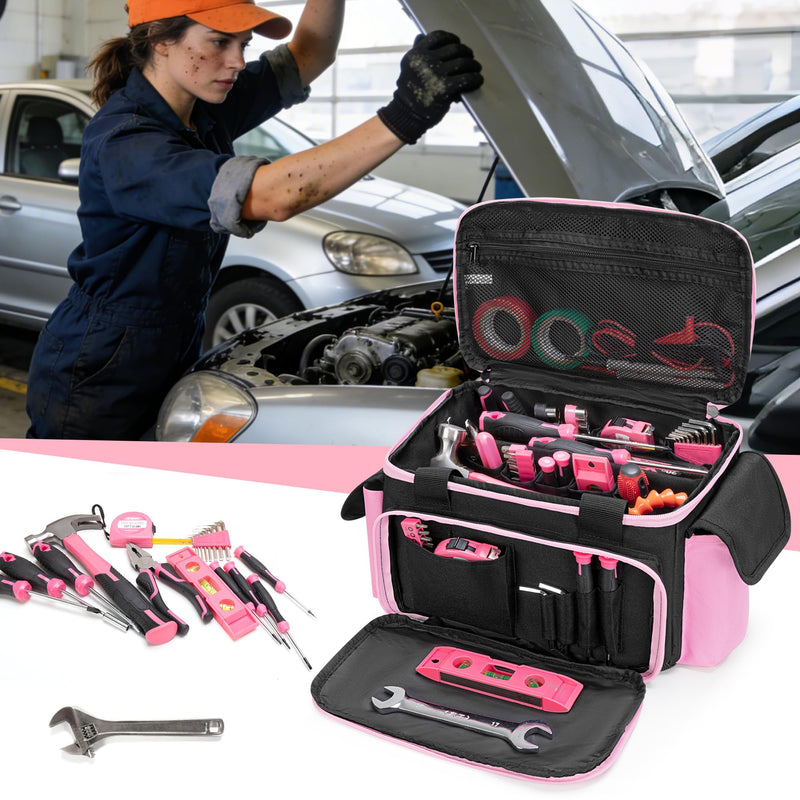 Rexmica Pink Tool Bag for Women, Tool Storage Organizer with Anti-friction and Thick Padded Bottom, Tactical Range Bag, Multi-functional Work Bag for Repairman, Electrician, Carpenters, Pink