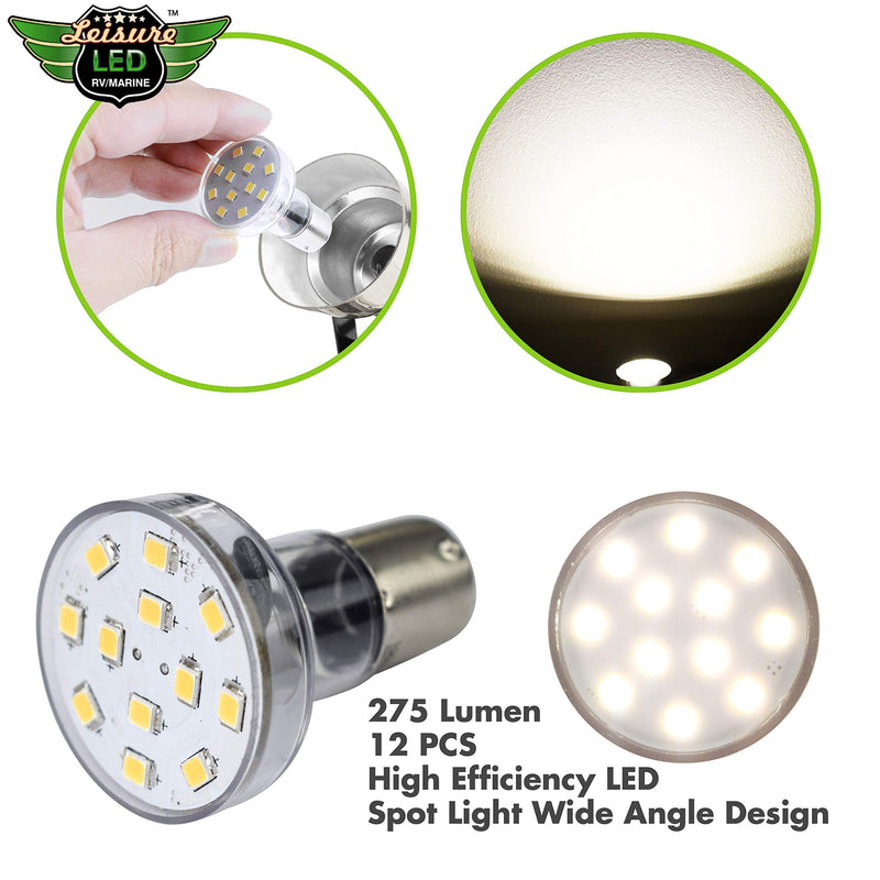 Leisure LED RV Trailer Motorhome LED Spot Light Bulb Natural White 4500K - 1156 1139 1141 1383 LED Bulb 2 Watt 275 Lumen 10-30Volt 12Volt for RV Camper Trailer Marine Boat (4-Pack Long Neck) 4-Pack Long Neck