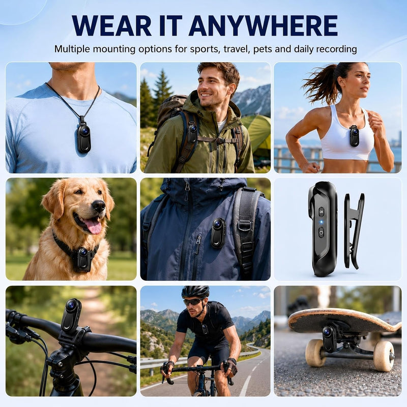 1080P Mini Body Camera with Audio and Display, Thumb Size Body Worn Camera, Wearable POV Video Recorder with 360° Rotating Clip & Magnetic Clip for Vlogging, Travel, Cycling, Pet Walking, No SD Card Black
