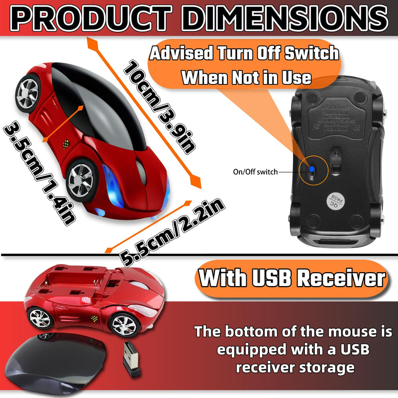 Cute Mouse Wireless Red，Car Mouse 1600DPI 2.4G with USB Reciver for Computer Wireless Computer Mouse Wireless USB Wireless Mouse for Windows for Mac OS for Laptop Computer Tablet（Red）