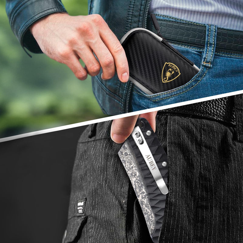 AUBEY Damascus Pocket Knife, 3.34" Damascus Steel Hollow Grind Blade, Folding Knife with Ball Bearing, Aluminum Handle, EDC Knife for Outdoor Camping Hunting A-Black Aluminum Handle