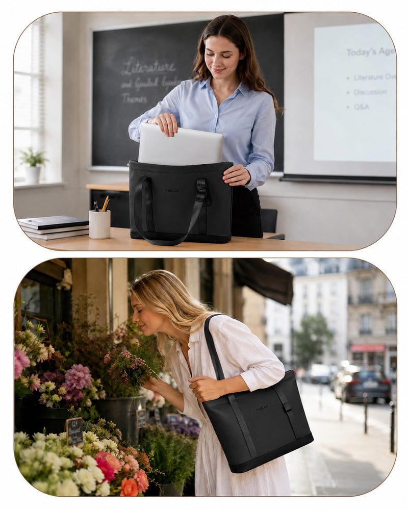 FHELAD Laptop Tote Bag for Women, Vegan Leather Work Shoulder Bag | 14 in Laptop Compatible, Tracker Slot, Padded, Compact, Office, College Black