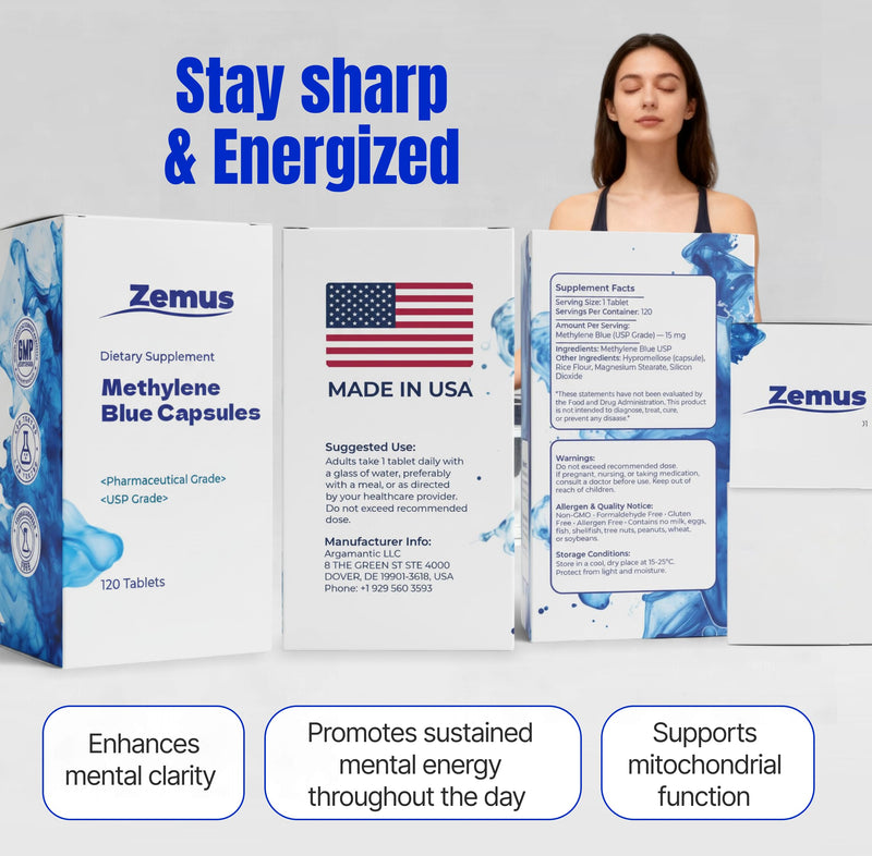 Zemus Methylene Blue Capsules – 15mg Pharmaceutical Grade USP – Made in USA – 99.9% Pure Methylene Blue for Human Use, Lab Tested, Cognitive Support - 120 Capsules 120 Capsules - 120 Day Supply