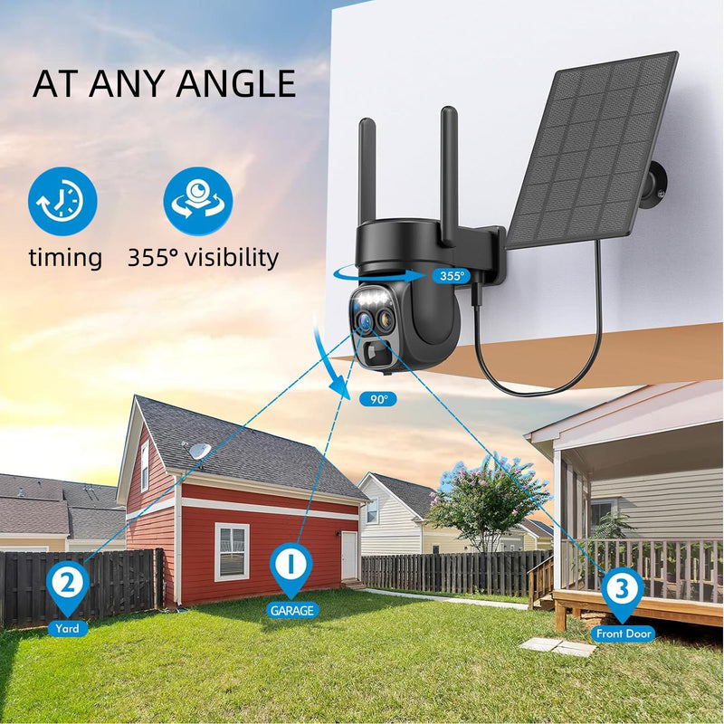 Hawkray Pannel Solar Wireless Outdoor Security Camera， Dual-Lens, 10xZoom, 2K Resolution 3MP 360°Pan/Tilt，2.4&5G WiFi Battery Powered Camera with Spotlight Alarm PIR Motion Detection solid black