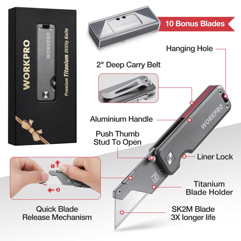 WORKPRO Premium Titanium Utility Knife, CNC Unibody, Lightweight Aluminium Handle Folding Box Cutter, Quick Change Blade Razor Knife,Ideal Gifts for Men Women, with 10 Extra Blades
