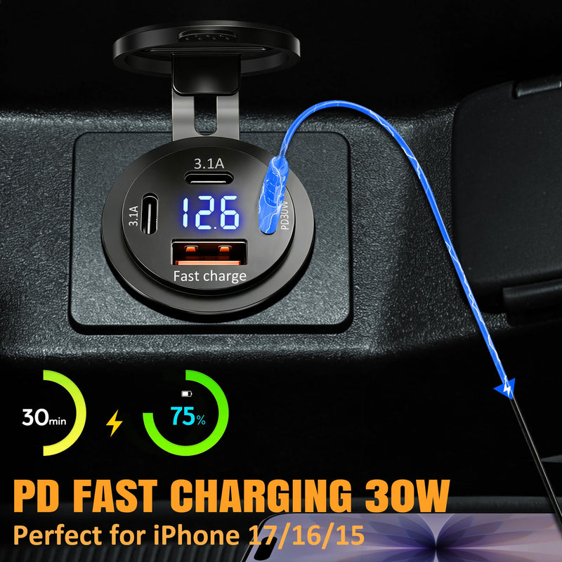 2 PCAK 12V USB Outlet PD Fast Charging, Multi Port Car Charger Socket 12V/24V with Voltmeter, Waterproof USB Cigarette Lighter Replacement for Car Boat Marine RV Golf Cart