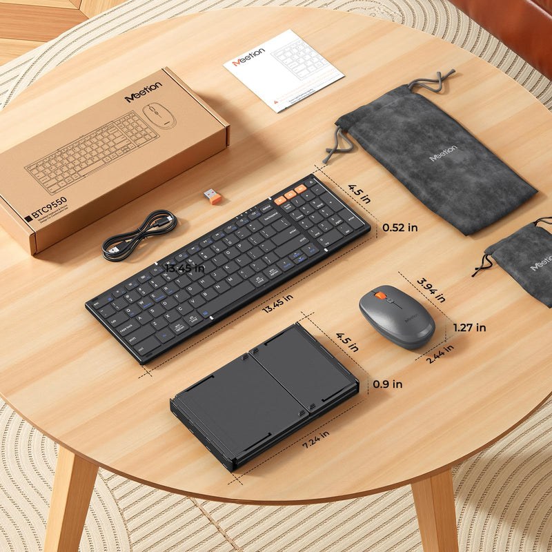 MEETION Foldable Keyboard and Mouse Combo, Bluetooth Portable Set | Rechargeable full-size folding keyboard and mouse with 2.4G & dual Bluetooth, ideal for travel, Windows, Mac & iPad Black
