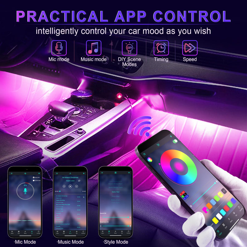 LivTee Accent Interior Car Lights, Smart Car Interior Lights with App Control, RGB LED Lights with Music Mode and DIY Mode, 2 Lines Design LED Lights for Cars with Charger, Car Accessories for Women Interior Lights(New)