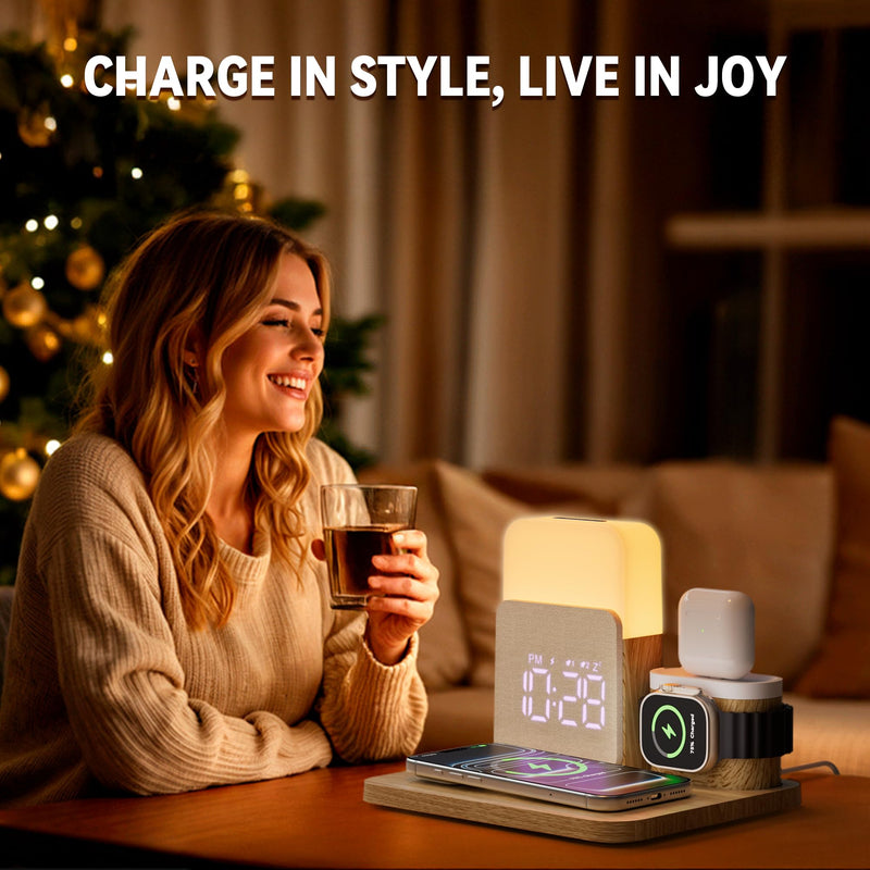 7 in 1 Wireless Charging Station, 25W Charger with Alarm Clock Night Light | 25W Bedside charging stand compatible with iPhone 17/16/15/14/13/12 Pro Max, Apple Watch, AirPods for bedroom daily use Wood