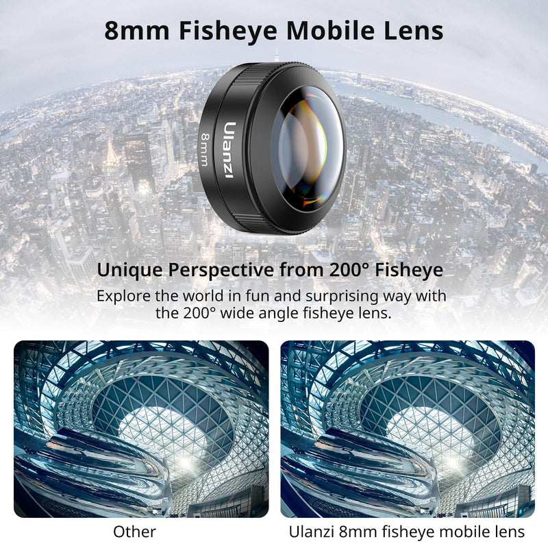 ULANZI CL-004 Phone Fisheyes Lens, HD 8mm Phone Camera Lens for 17mm Thread, 200° Wide Angle Compatible with iPhone Samsung Smartphone Cage Case with 17mm Adapter