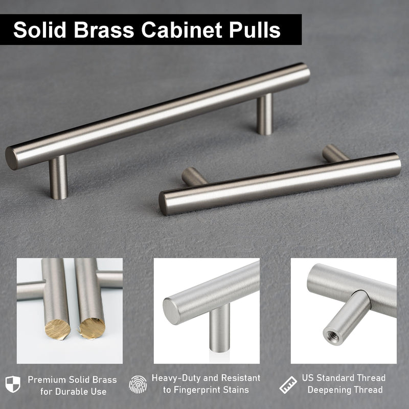 QOGRISUN 4-Pack Solid Brass Cabinet Pulls, Brushed Nickel Euro Style T-Bar Handles, 3 Inch Hole Center, Modern Drawer and Cabinet Hardware for Kitchen, Dresser, Bathroom Vanity 3-Inch(76mm)Hole Centers