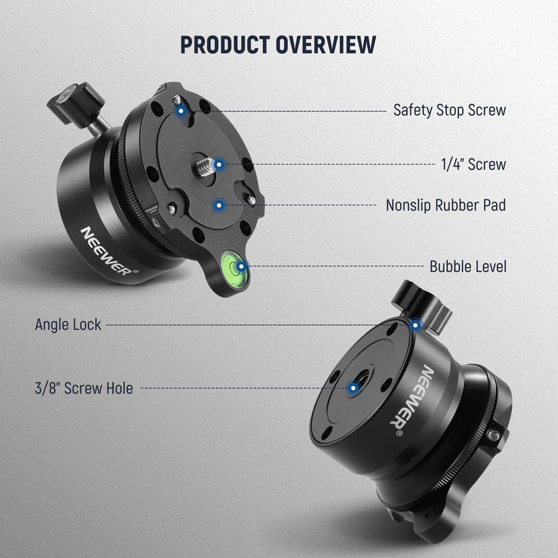 NEEWER Tripod Leveling Base (⌀60mm) Camera Leveler, Aluminum Adjusting Tripod Head Plate with -15°/+15° Tilt, Bubble Level, 1/4" 3/8" Screw Compatible with Canon Nikon Sony DSLR & Camcorder, GM15