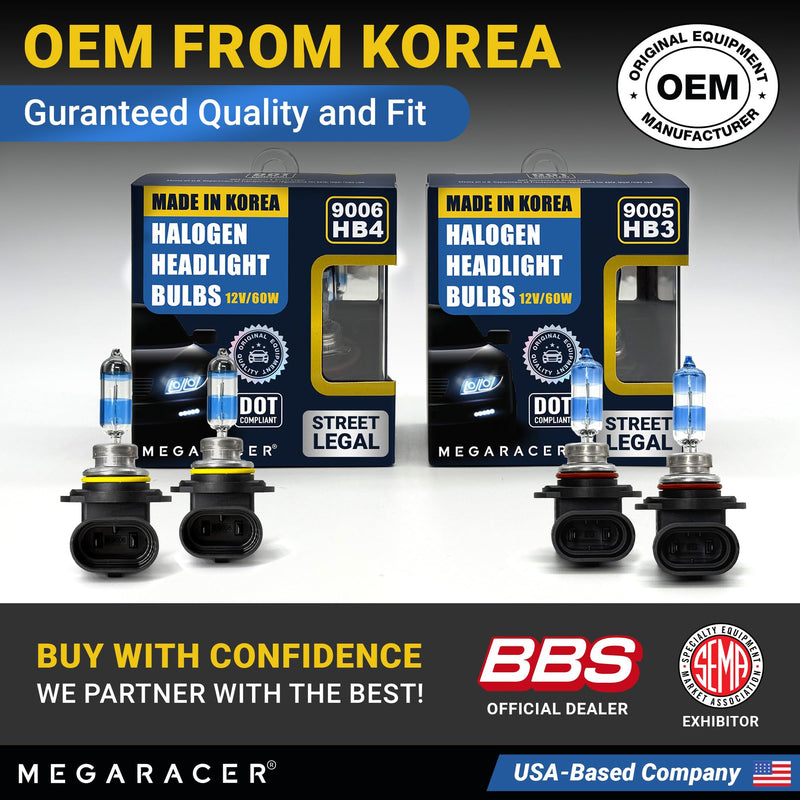 Premium OEM 9005 9006 Halogen Headlight Bulbs Combo (4 Bulbs) - Street-Legal & DOT Compliant for On-Road Use, Automotive Car Light Replacement, 12V 65/55W, High & Low Beam, Plug & Play - Made in Korea 9006+9005 (Low & High Beam)