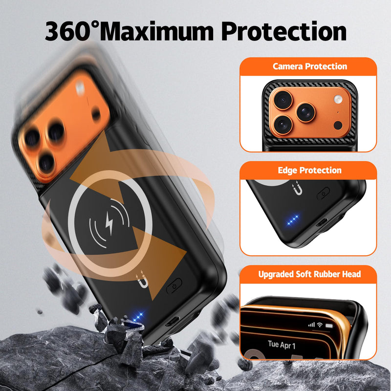 New 10000mAh Rechargeable Portable Battery Case with Wireless Charging Case Extend Battery Pack Charger Cover Compatible for iPhone 17 Pro Max (6.9 inch) Black
