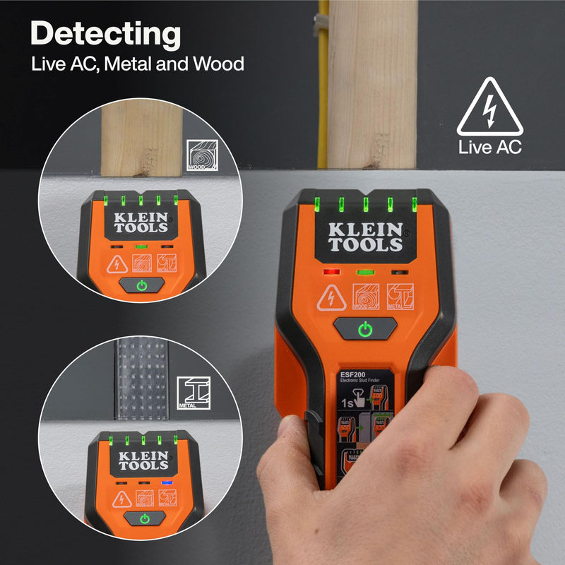 Klein Tools ESF200 Multi-Scan Stud Finder and Wall Scanner with LED Indicators, Fast Auto-Calibration, Detects Wood, Metal, and Live AC, One-Handed Operation, Compact Wall Detector