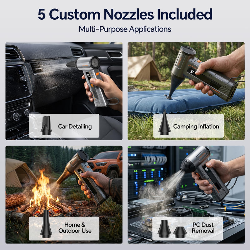 HHJ BC07 Electric Air Duster, 150,000 RPM, 20W PD Fast Charging, 30W Power Output, 4 Speeds & 5 Nozzles, LED＆SOS Light, Compressed Air Duster Alternative for PC, Keyboard, Car, Home & Outdoor