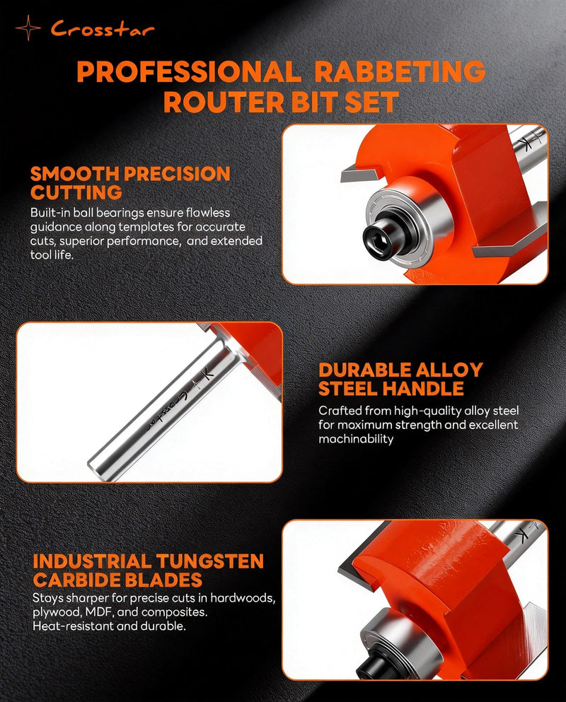 Crosstar 6Pcs Rabbeting Router Bit Set with 6 Bearings - 1/4" Shank Carbide Tipped Bits for Woodworking - Includes 1/4", 5/16", 3/8", 1/2", 3/16", 5/8" Height Cutters & 6 Sizes Bearings