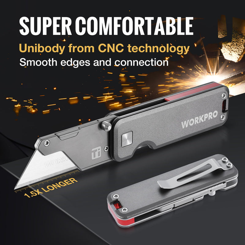 WORKPRO Premium Titanium Utility Knife, CNC Unibody, Lightweight Aluminium Handle Folding Box Cutter, Quick Change Blade Razor Knife,Ideal Gifts for Men Women, with 10 Extra Blades