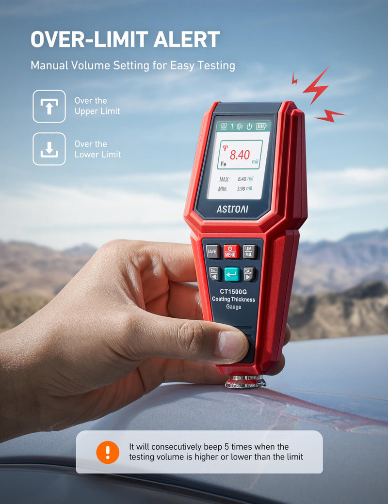 AstroAI Paint Thickness Gauge for Car, Coating Tester for Check The Car's Original Coating for Used Car Buyers, with Limit Alarm, 4-Direction Rotating Screen, Resol 0.01mil F/NF Measuring