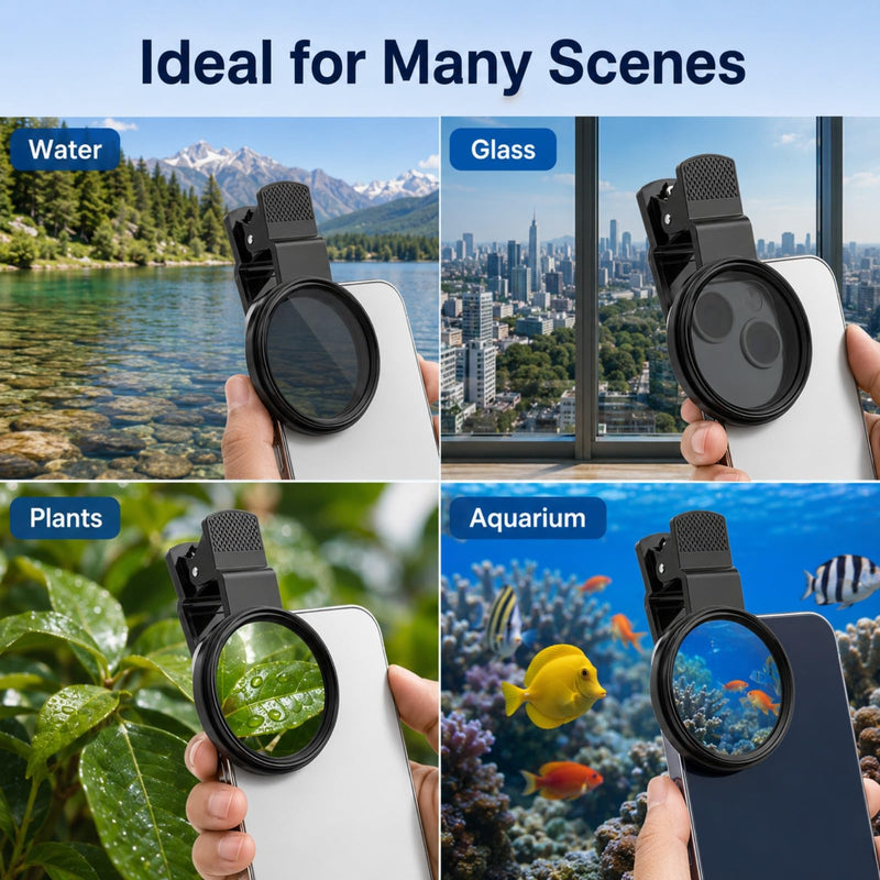 CPL Phone Polarizing Lens Filter, Rotating Camera Clip-On Lens for Reducing Glare on Water, Glass & Plants Photography
