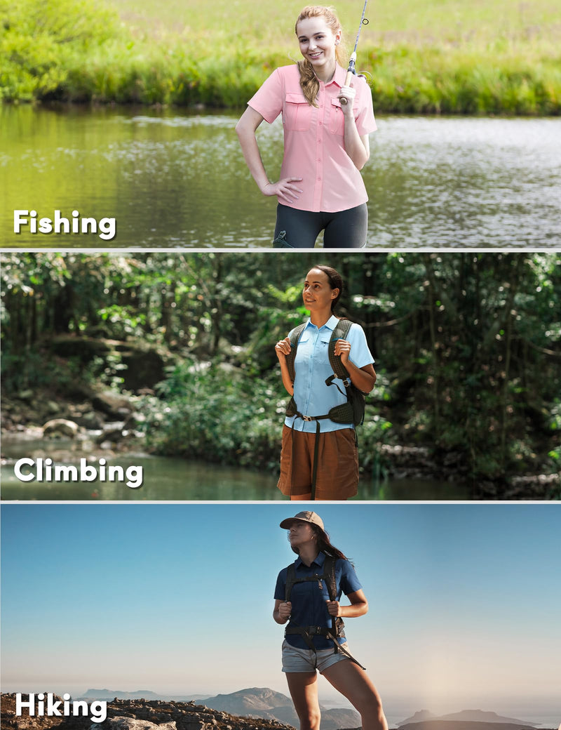 Haimont Women's Sun Protection Fishing Hiking Shirts Button Down Short Sleeve Water Resistant Quick Dry Outdoor Light Pink Small
