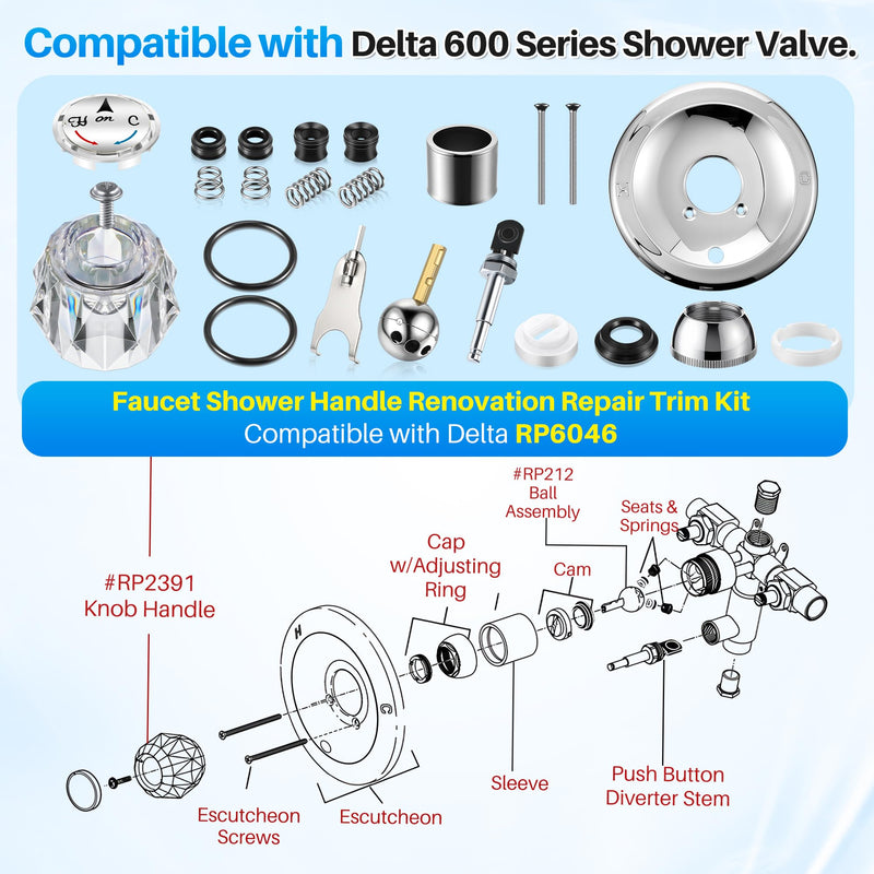 Shower Handle Renovation Repair Trim Kit Compatible with Delta RP6046, Single Handle Trim Kit Compatible with Delta 600 Series Shower Valve(Knob,Chrome) Chrome Knob