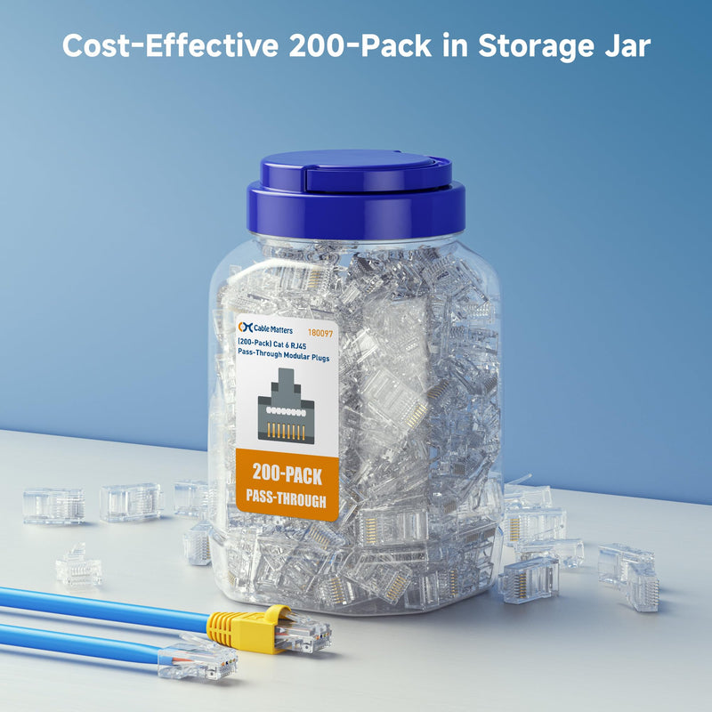 Cable Matters 200-Pack Cat 6 Pass Through RJ45 Connectors, 50µ Gold Plated (Cat 6 Ends / Cat6 Connector /RJ45 Modular Plugs/Ethernet Plugs/Network Connector) for Solid or Stranded UTP Ethernet Cable
