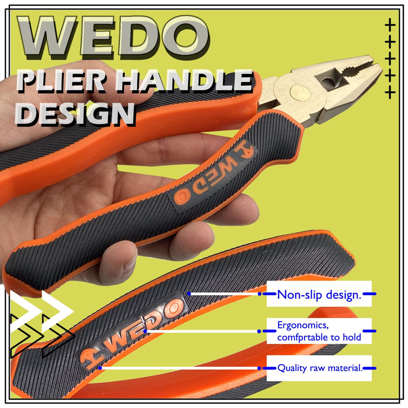 WEDO Non-Sparking Lineman's Pliers 6", Spark-free Safety Side Cutter Linemans Pliers, Combination Pliers, Wire Stripper, Crimper, DIN Standard, BAM & FM Certificate, Aluminum Bronze 6“