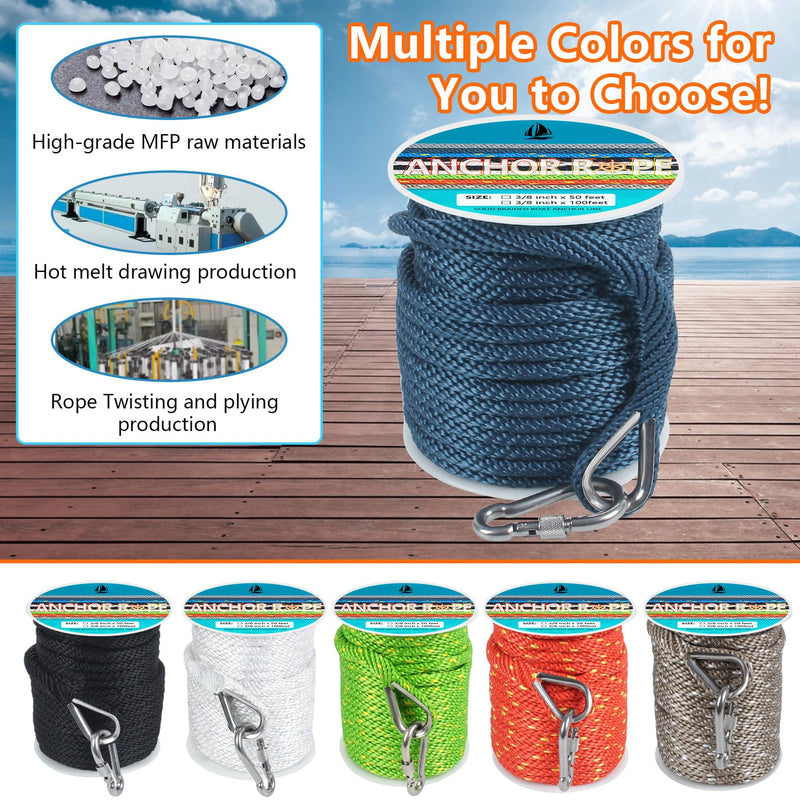 3/8 Inch 50 FT Anchor Rope, Boat Anchor Rope Solid Braid MFP, Anchor Line with 316 Stainless Steel Thimble and Snap Hook - Navy Blue 3/8inx50ft