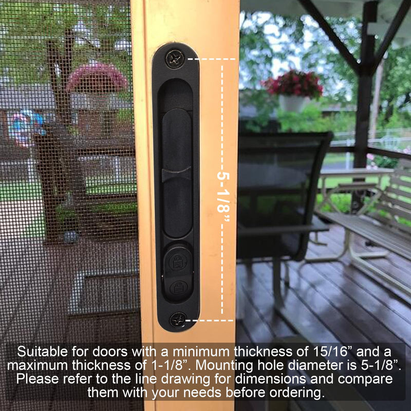 Sliding Screen Door Handle & Latch with Keeper, Fits Doors Thicknesses Ranging from 15/16" to 1-1/8", and mounting Holes 5-1/8" on Center (Black) Black