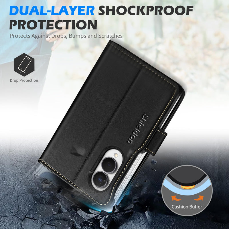 SHIELDON Real Leather Case Wallet for Galaxy Z Fold8 7.6", Retro Black | RFID Blocking, Credit Card Holder, Magnetic Closure, Kickstand, Folio Design, Shockproof Phone Cover