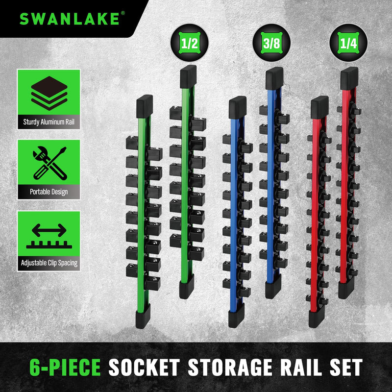6-piece Socket Organizer Storage Set, 1/4-Inch, 3/8-Inch, 1/2-Inch Double Sided Aluminum Alloy Socket Holder Rail, Drive Socket Trays Holds 108 Sockets, 360° Swivel Clip Socket Holder Kit for Tool Box