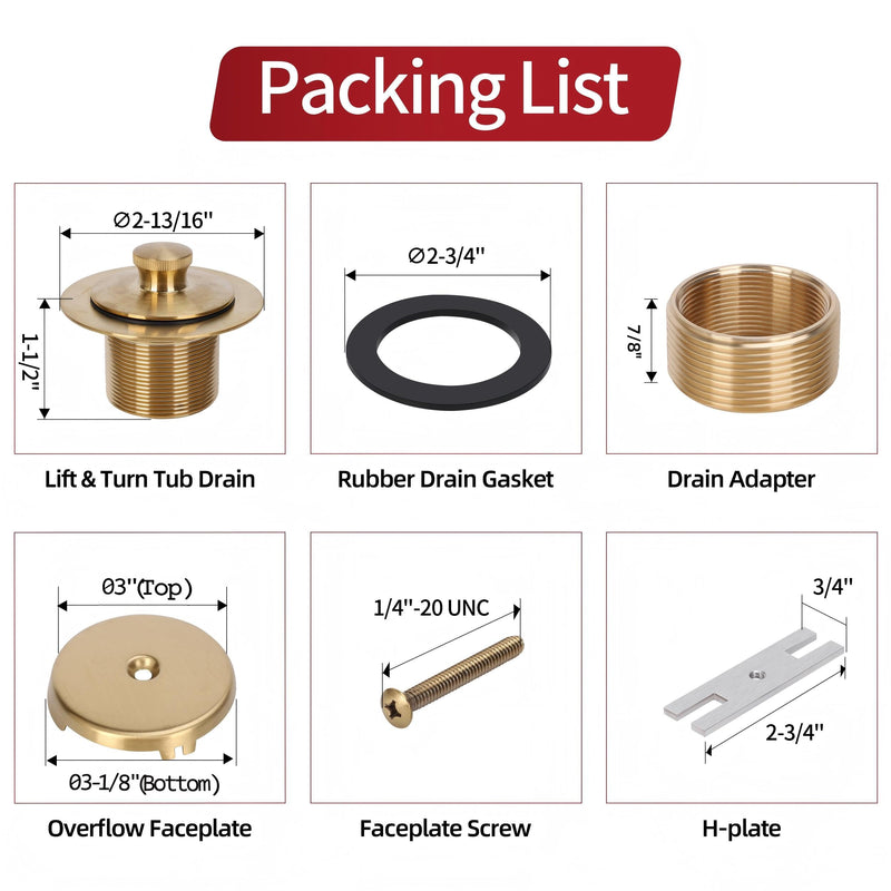 PRIMSOPH Lift Turn Tub Drain Trim Kit with One Hole Overflow Faceplate Conversion Kit Assembly Universal Fine Coarse Thread Replacement Brushed Gold