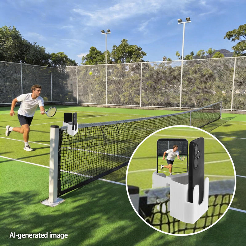Tennis Net Phone Holder, 3D Printed Dual-View Camera Mount (White) | 30° Golden Angle | Dual Holders Simul Rec | Charging Port Cutout | Landscape & Portrait Switch | Dual Triangle Storage Slots