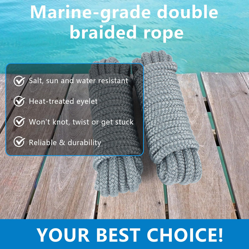 Dock Lines 1/2" x 20ft 25ft, Double Braided Marine Mooring Ropes, Boat Ropes for Docking with 12'' Eyelet Premium Dock Lines for Boats 1/2" x 20' Grey (2 Pk)