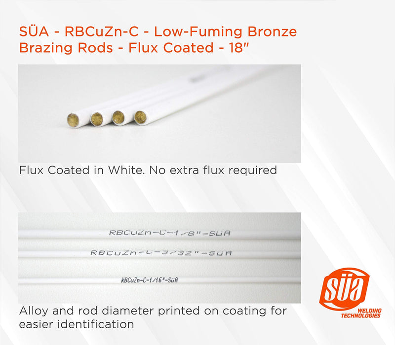 SÜA - RBCuZn-C - Low-Fuming Bronze Brazing Rod - Flux Coated - 18" x 1/16" - (1/2 Lb - 24 Rods) 1/16" - 24 Rods