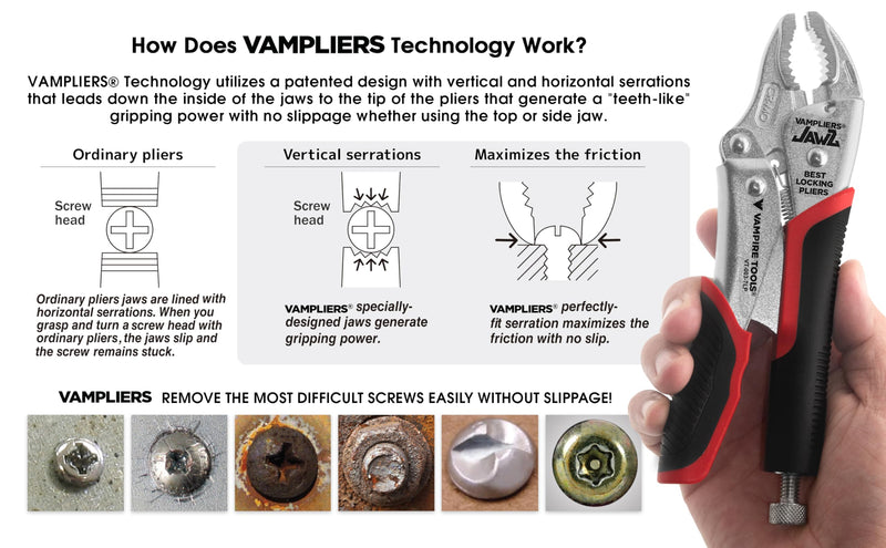 VAMPLIERS 7.5" Vise Grip Heavy Duty Locking Pliers with Screw Extractor Curved Jaws. Professional Grade. Secure Hold, Quick Release. Grip & Remove Stripped/Stuck Screws in seconds.