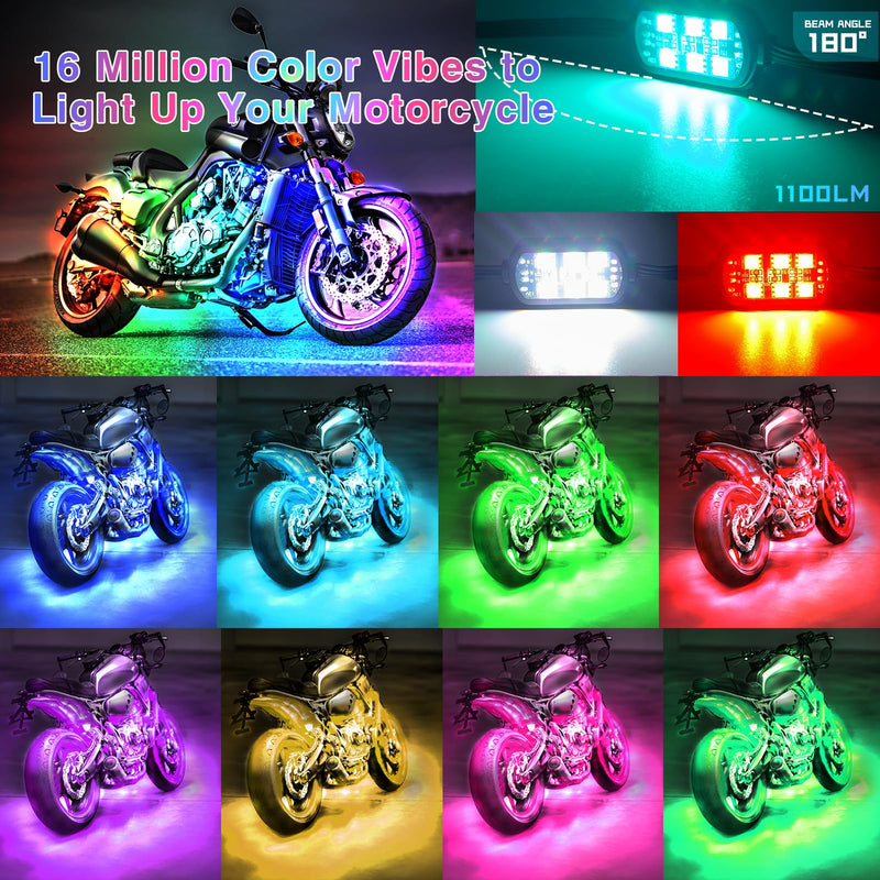 8Pods Motorcycle LED Lights Kits with Brake Turn Signal, Motorcycle LED Underglow kit with APP/RF Remote Control, Dual Zone RGB Neon Strips Multicolor 12v Waterproof for Harley Honda Kawasaki Yamaha 8Pods Kits