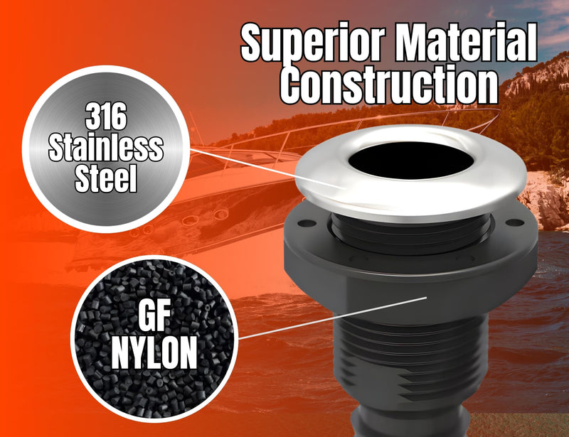 SEAFLO Thru Hulls Fitting Thru-Hull with Check Valve, 5/8”, 3/4”, 1”, 1-1/8”, 1-1/4”, 1-1/2”, or 2” Sizes, White/Black, Polypropylene/Nylon, 4-Year Warranty, (Choose Color, Size, and Pack Size) 1-1/2" 1-pack Stainless-Steel Capped