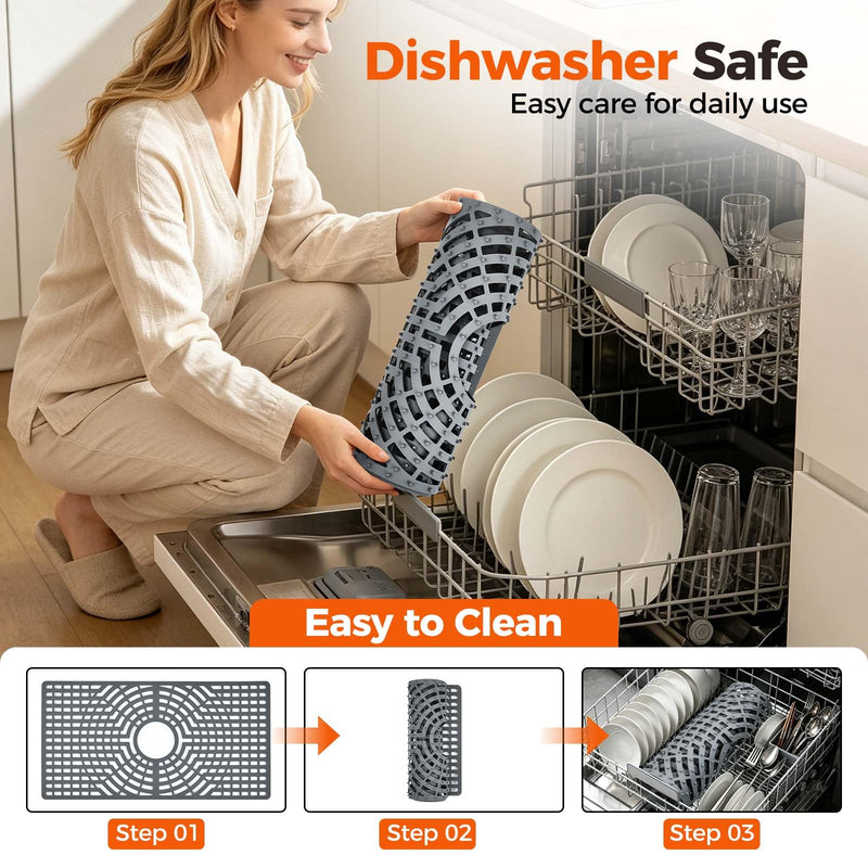 Snuggery Silicone Sink Protector 28"x15" Center Drain Hole, Heat Resistant Non-slip Dishwasher Suitable, Large Mat for Bottom of Farmhouse Kitchen Stainless Steel Sink(Grey) 28x15 center