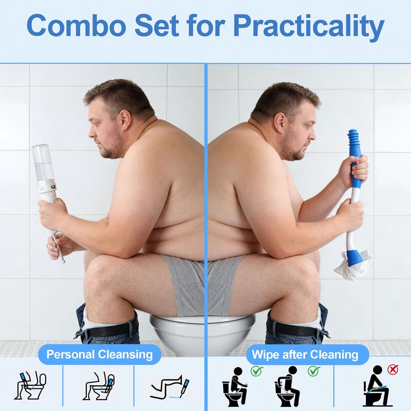 Electric Portable Bidet Toilet Aids Wiper Tool Set, White | 2-in-1 travel hygiene kit 15.7" extended length wiping tools 1600mAh Long-lasting Battery USB-C Rechargable IPX7 Waterproof