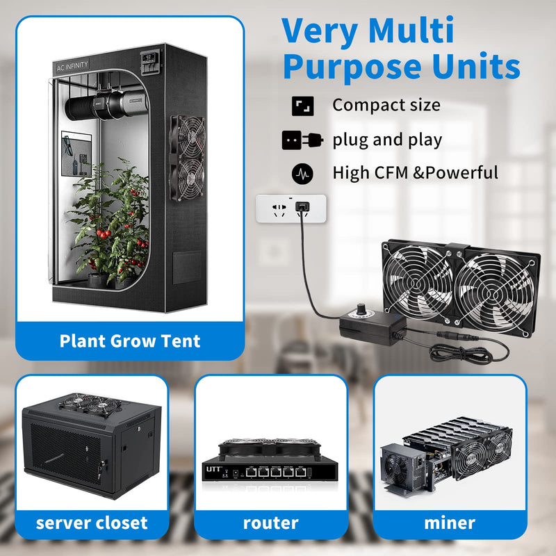 Dual 120mm High CFM Computer Fans with AC Plug, AC 110V - 240V Variable Speed Fan, Cooling for Server Closet Cabinet Mining Machine Chassis Workstation