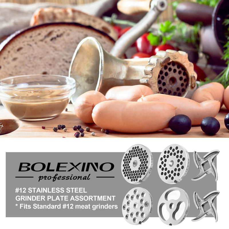 #12 Stainless Steel Grinder Plate Assortment comes with 4 stainless steel grinder plates and 2 stainless steel knives. Blade Set