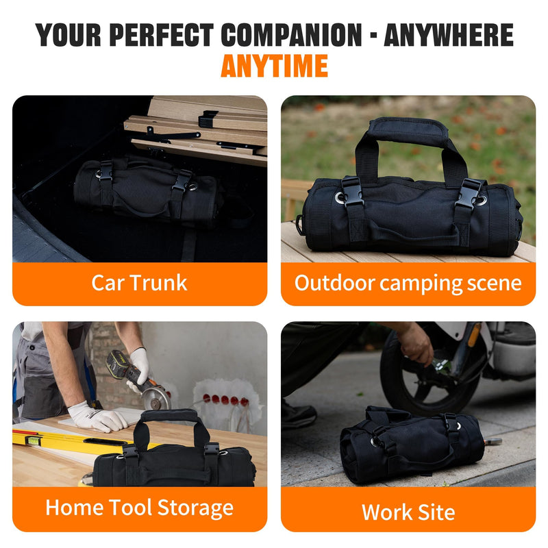 Portable Foldable Roll Up Tool Bag, Heavy Duty Tool Organizer Bag with 5 Compartments & 2 Detachable Pouches for Tools Storage, Waterproof Tool Roll Bag for Dad Men Electrician Mechanic Gifts black