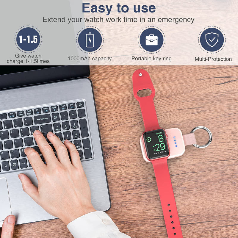 i.VALUX Portable Wireless Charger Compatible for Apple Watch Series 9/8/UItra/7/6/5/4/3/2/SE/Nike,Compact Magnetic iWatch Charger 1000mAh Power Bank Keychain Style Gift for Mother Girl Birthday-Pink Pink