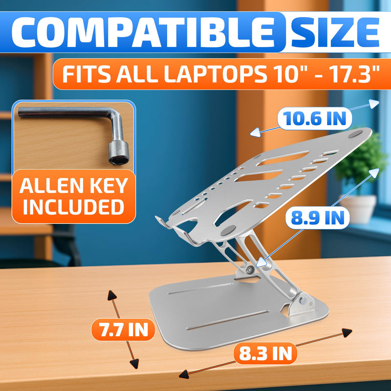 Height & Angle Adjustable Computer Stand for Laptop - Portable Computer Holder for Desk with Ventilation Slots for Enhanced Airflow - Adjustable Laptop Stands for Desk with Non-Skid Silicone Pads