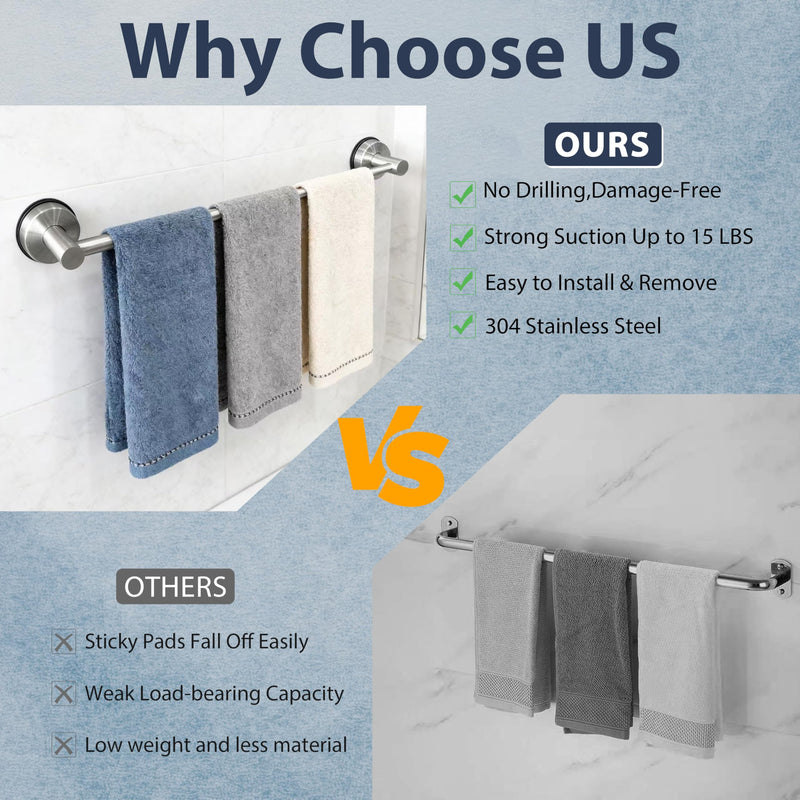 No-Drill Stainless Steel Suction Cup Towel Bar, Adjustable 14.6–24 Inch Bathroom Towel Rack for Glass Shower Door & Tile Wall, Heavy Duty Wall Mounted Towel Holder(Silver) Silver