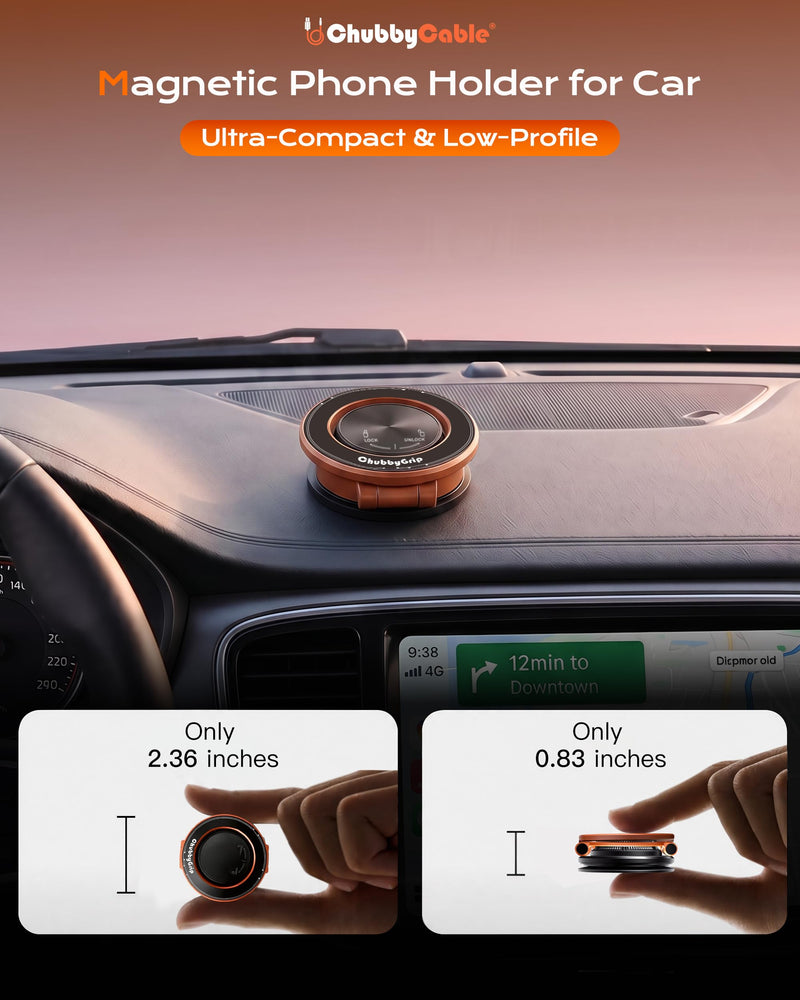 chubbycable Magnetic Car Phone Holder 360° Rotation with Vacuum Base | Foldable design with ultra-strong magnetic hold, vacuum suction base, compatible with MagSafe iPhone 12-17 series and Android Vacuum Base-Orange 1 Pack