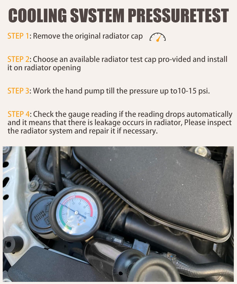 RACOONA Radiator Pressure Tester Kit,Coolant Pressure Tester Radiator Pressure Leakage Tester Tool,Car Accessories Automotive Cooling System Water Tank Leak Test Detector Set for Car Motorcycle Truck