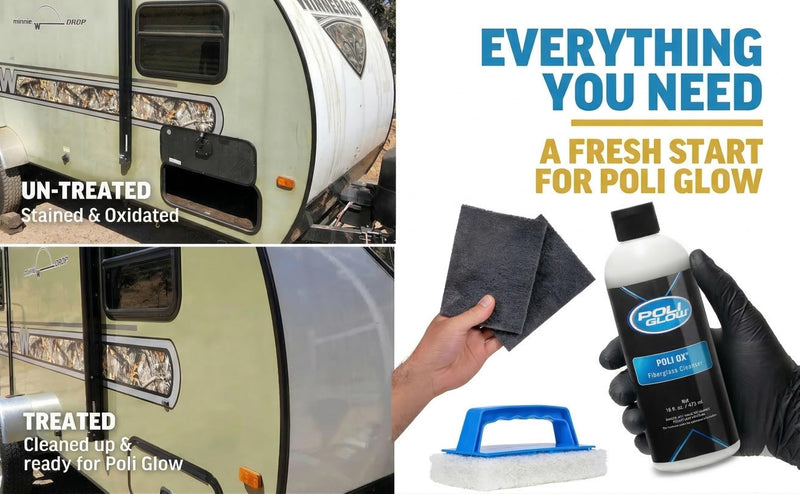 Poli Ox® Oxidation Removal Kit for Boats, RVs, or Fiberglass Surfaces–Removes Heavy Oxidation, Stains & Grime–Safe on Fiberglass, Gelcoat, Vinyl Decals: Includes 16 oz Cleaner, Scrub Pad & Sanding Pad Liquid Ox